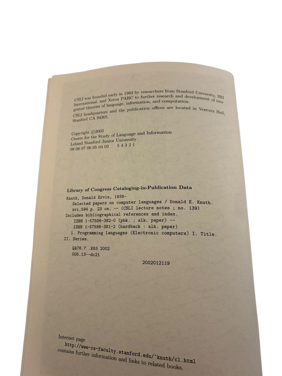 Selected Papers on Computer Languages Donald E. Knuth 2003 CSLI Paperback