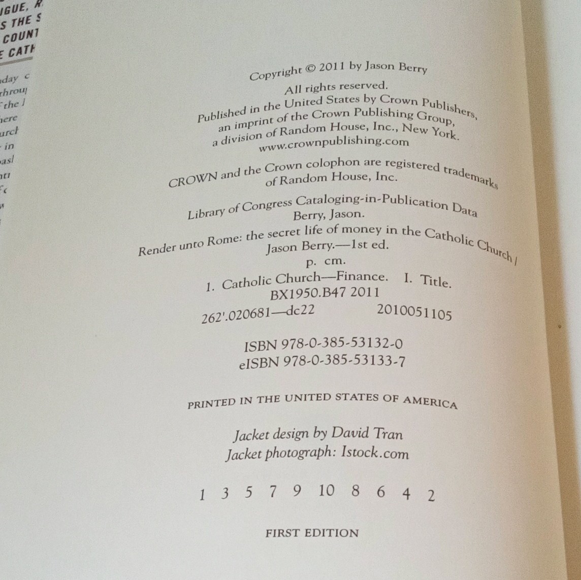 Jason Berry Render Unto Rome 2011 Crown/Archetype HC Dust Jacket 1st Ed.