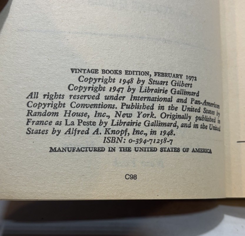 1972 1st Printing Vintage Books PB „THE PLAGUE“ by Albert Camus