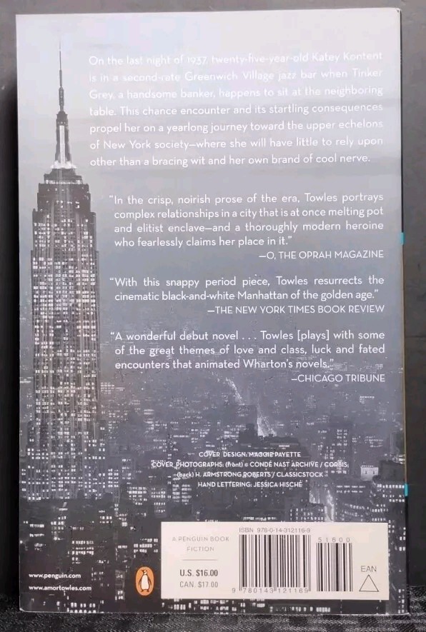 Rules of Civility Amor Towles 2012 PB Historical Fiction Coming‑of‑Age 368pp