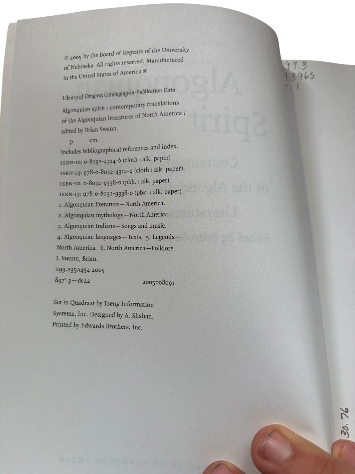 Algonquian Spirit Brian Swann 2005 Indigenous Literature Folklore University of