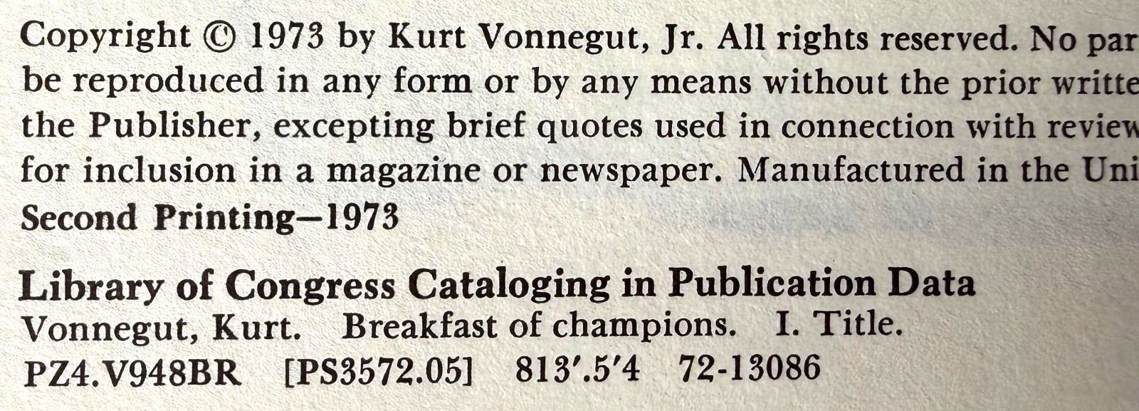 Breakfast of Champions, Kurt Vonnegut 1973 HCDJ 2nd printing in Mylar, Fine
