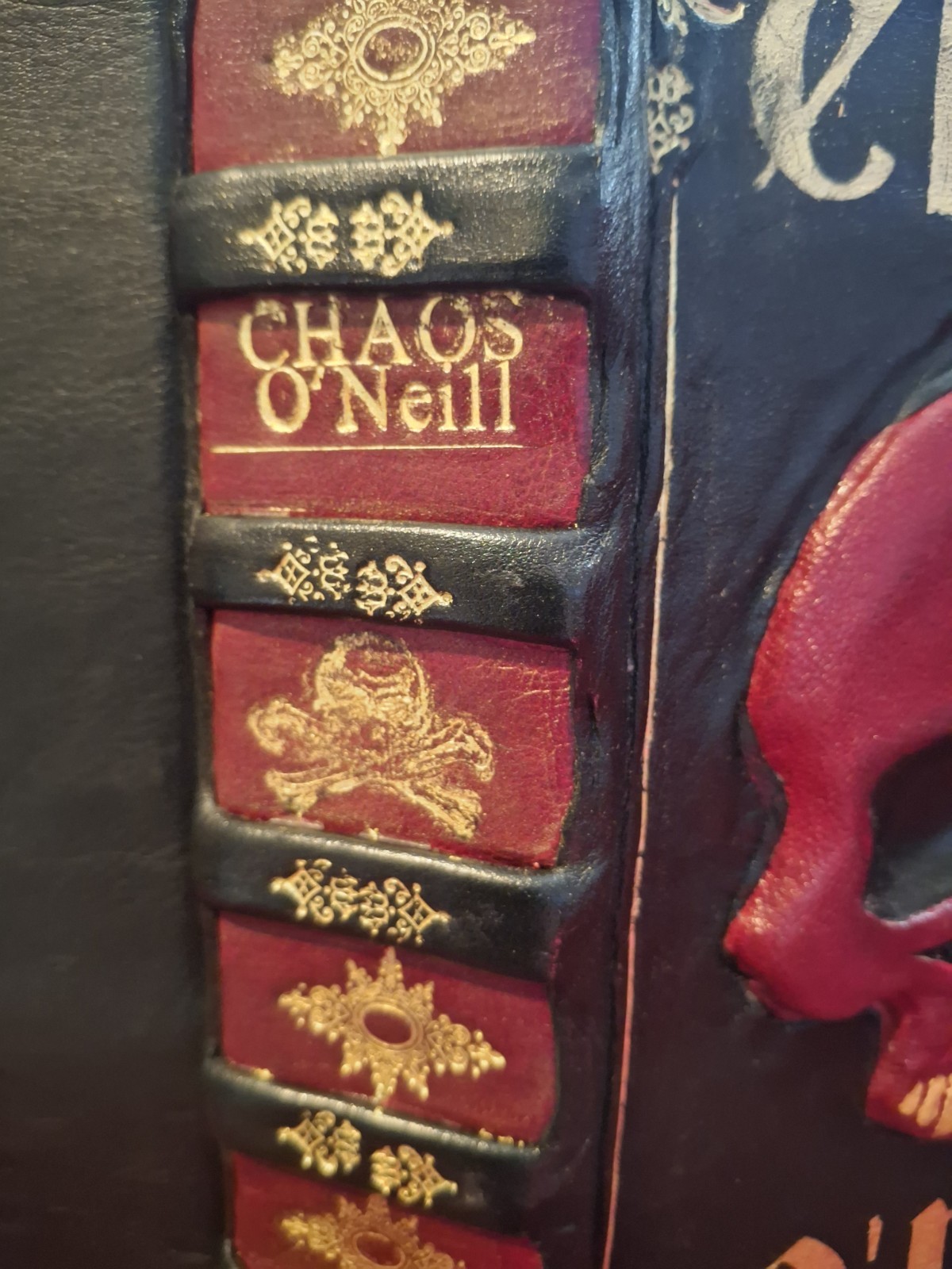 Chaos-Tom O’Neill-FORE EDGE PAINTING Leather Red Gold Skull One-of-a-Kind Manson