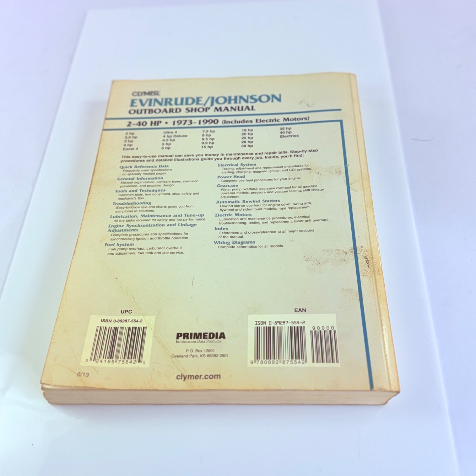 Clymer Evinrude Johnson Outboard Shop Manual 2-40 HP 1973-1990 Includes Electric