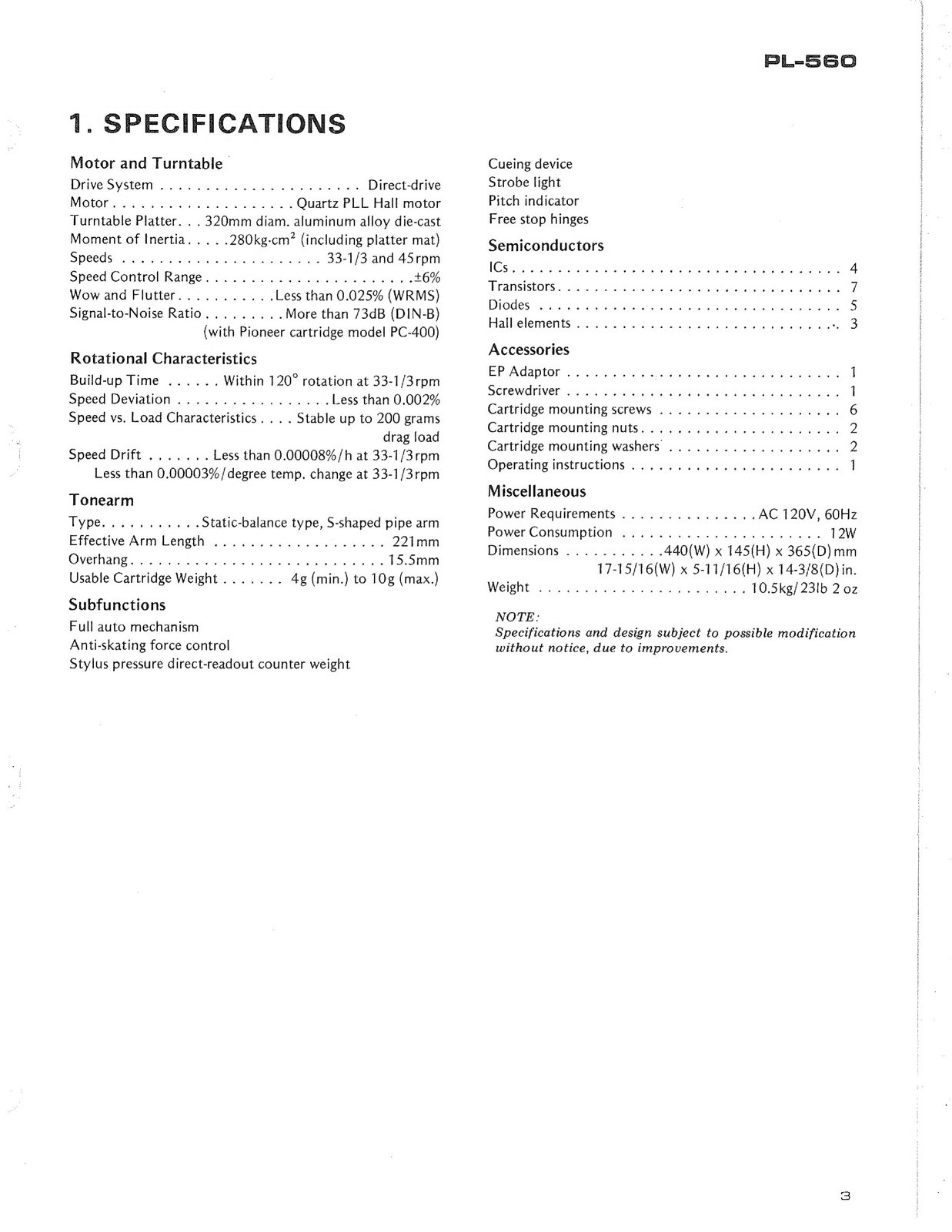 PIONEER PL-560 Turntable Service Manual – BINDING – COVERED – XL FOLDOUT PAGES