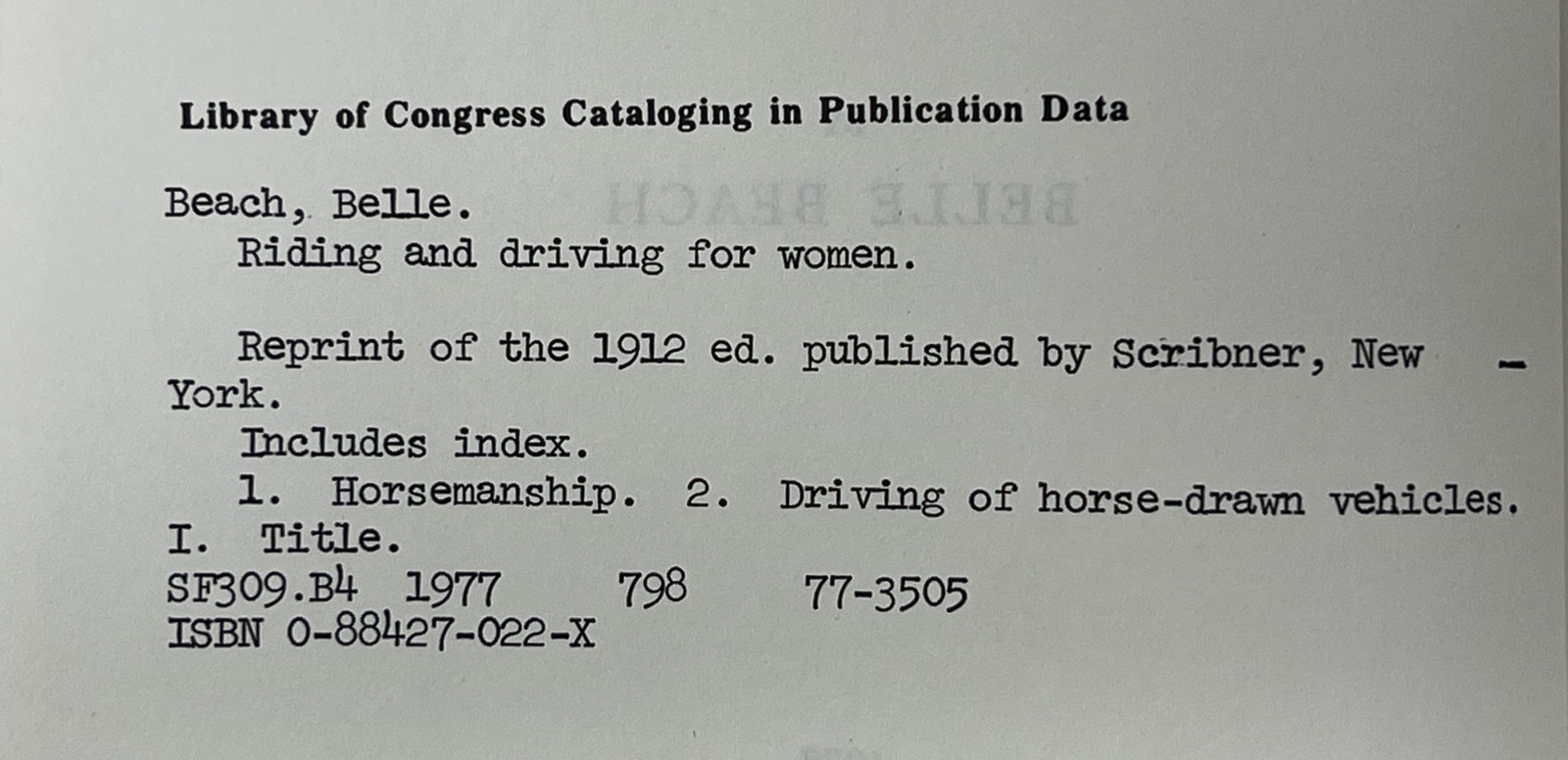 EQUESTRIAN: Riding & Driving for Women by Belle Beach – 1978 Reprint Ed. HC/DJ