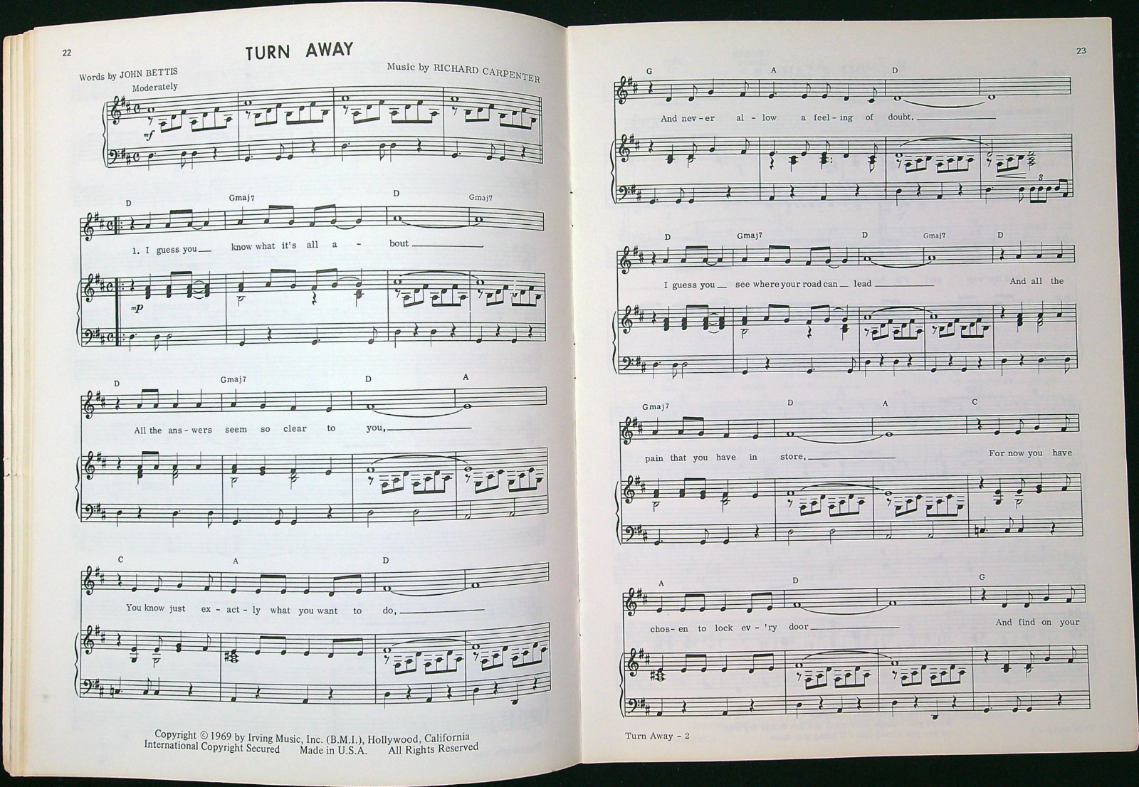Carpenters Close To You Ticket To Ride 1969 Vintage Piano Vocal Music Book 838a