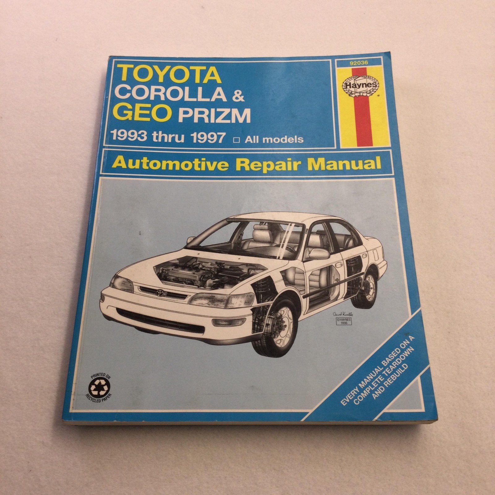 Vintage Toyota Corolla Geo Prizm 1993-1997 Haynes Auto Repair Manual PB Blue USA