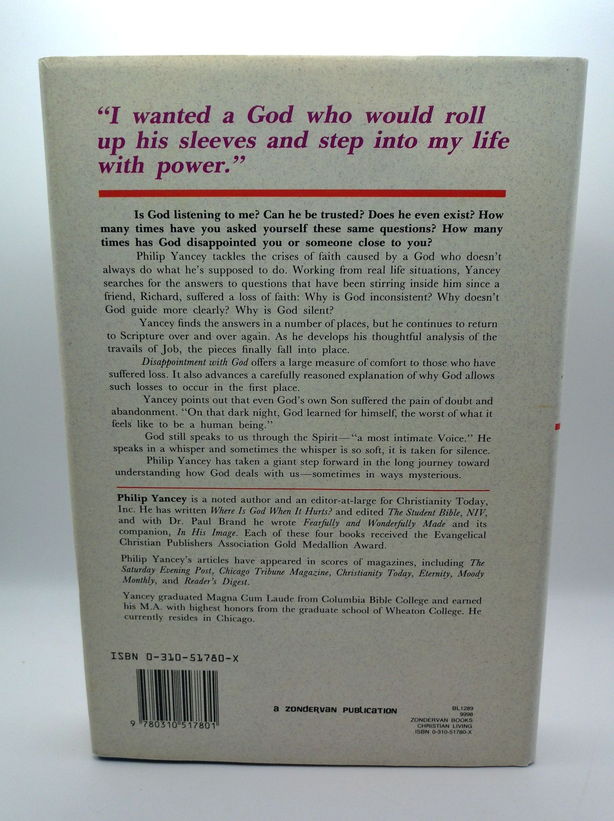 Philip Yancey Disappointment With God Hardcover DJ 1988 Christian Zondervan