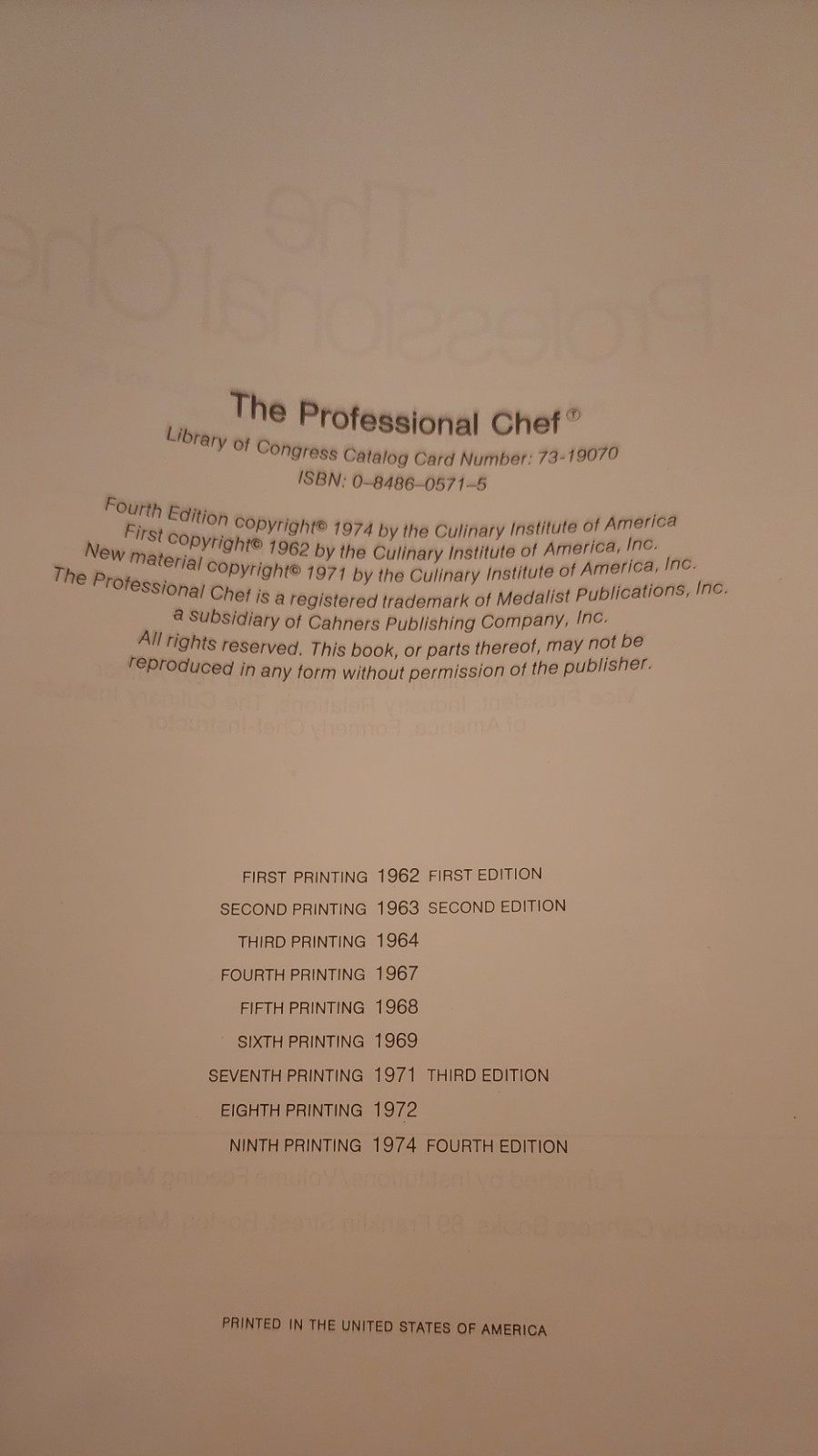 The Professional Chef 4th Ed Culinary Institute of America Hardcover VTG 1974