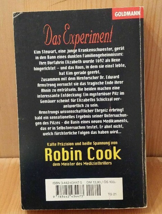 The Experiment Novel Robin Cook Wilhelm Goldmann Verlag 1995 399 Pages