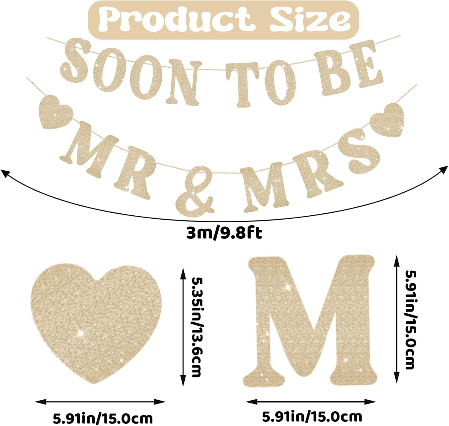Soon to Be Mr & Mrs Sign Banner for Bridal Shower Decorations, Pre-Strung Gold G