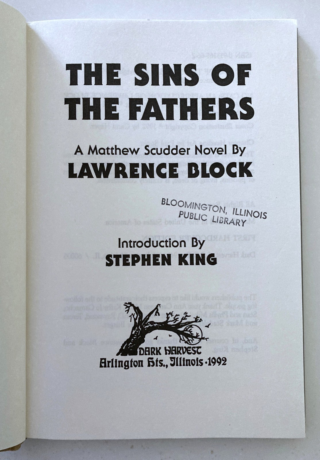 The Sins of the Fathers Lawrence Block Intro by Stephen King 1st HC Ed Ex Lib VG
