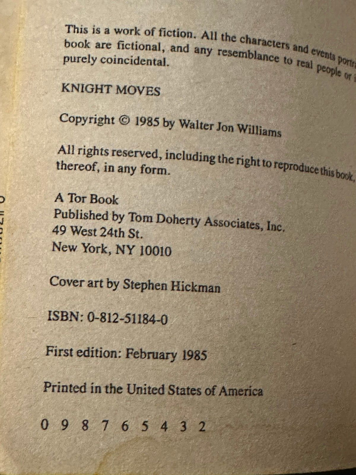 KNIGHT MOVES by Walter Jon Williams (1ST EDITION – 2ND PRINTING)