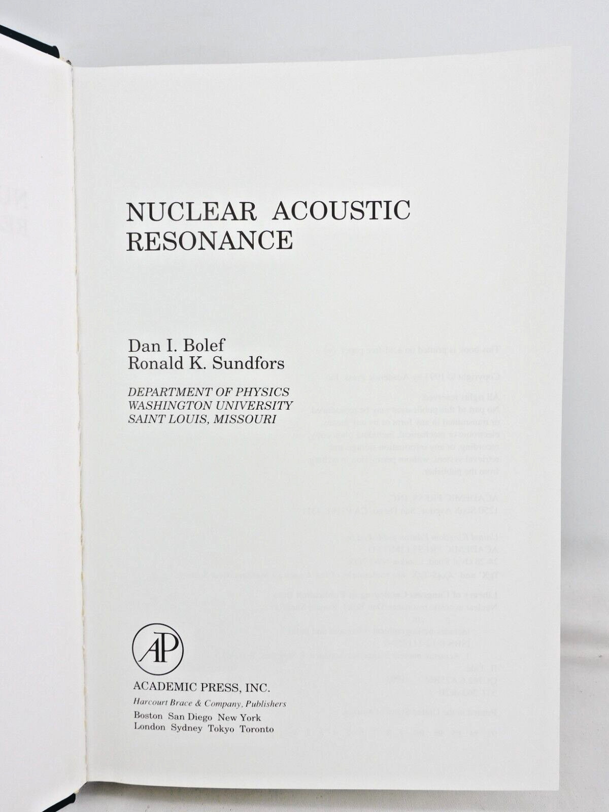 Nuclear Acoustic Resonance by Dan Bolef & Ronald Sundfors HC 1993 Very Good Cond