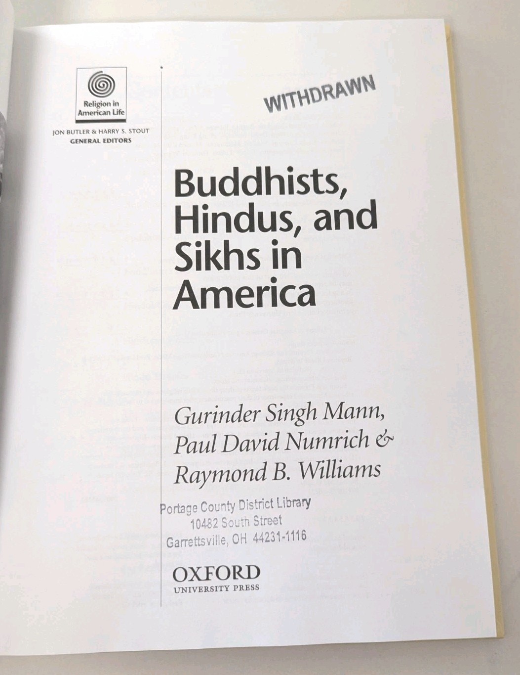 2001 Buddhists, Hindus, and Sikhs in America HC Singh Mann Nunrich Williams 160p