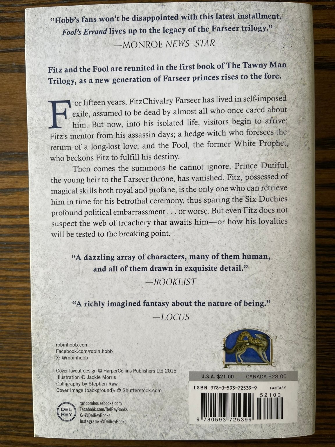 Fool’s Errand by Robin Hobb Fantasy book 1 of The Tawny Man Trilogy Del Rey : VG