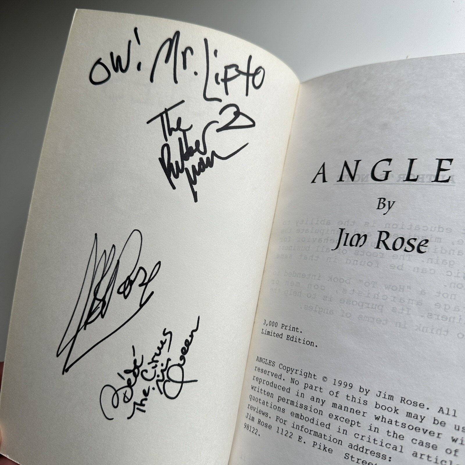 ANGLES by JIM ROSE Circus Paperback Signed Bebe Lifto Rubber Dude + Snake Oil