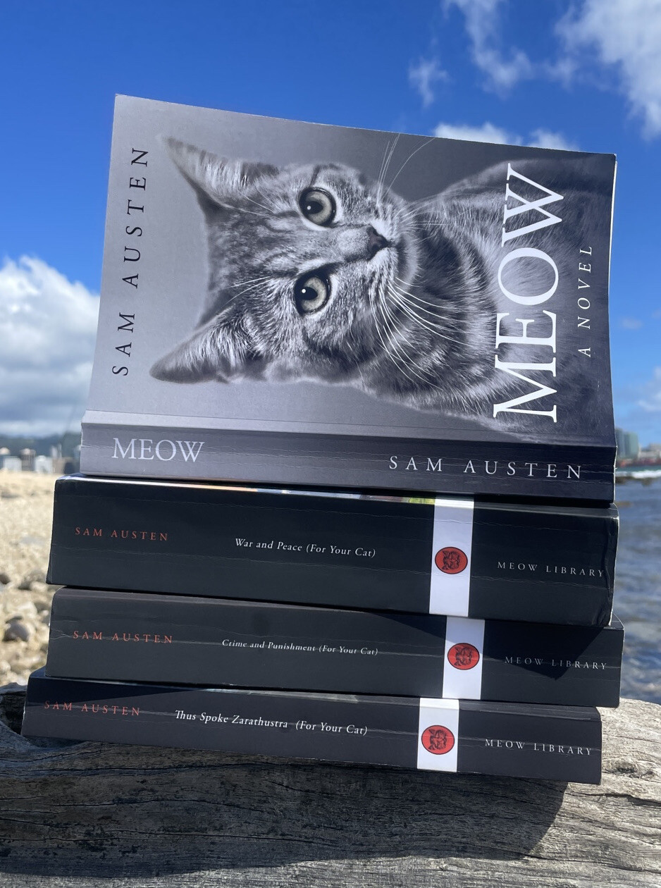 Meow Book for Cats – A Novel w/ only the word Meow, 345 pgs, by Sam Austen