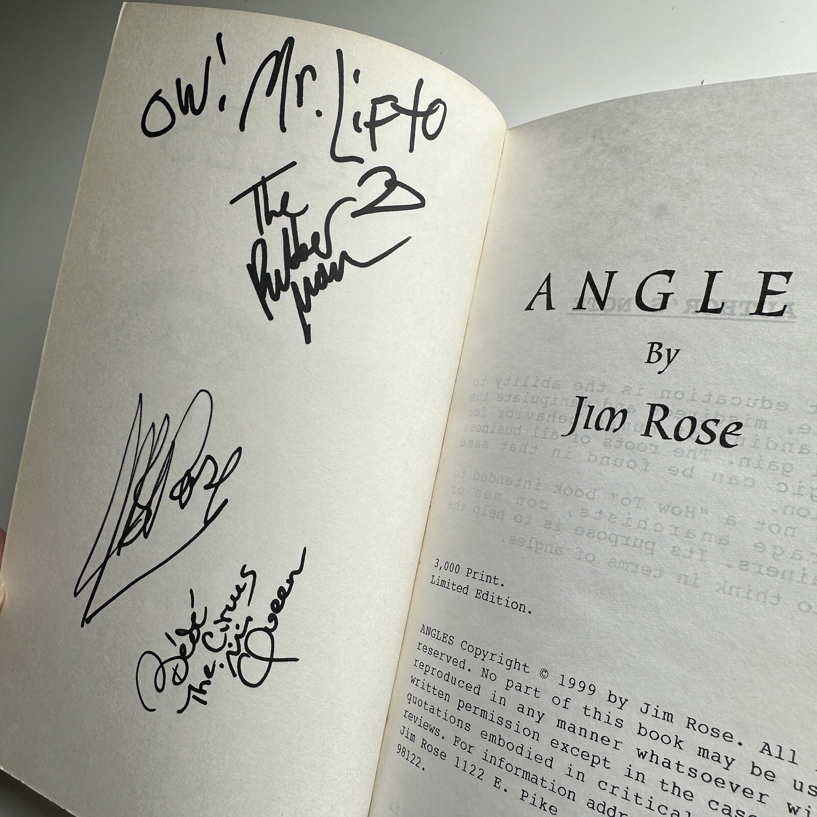 ANGLES by JIM ROSE Circus Paperback Signed Bebe Lifto Rubber Dude + Snake Oil