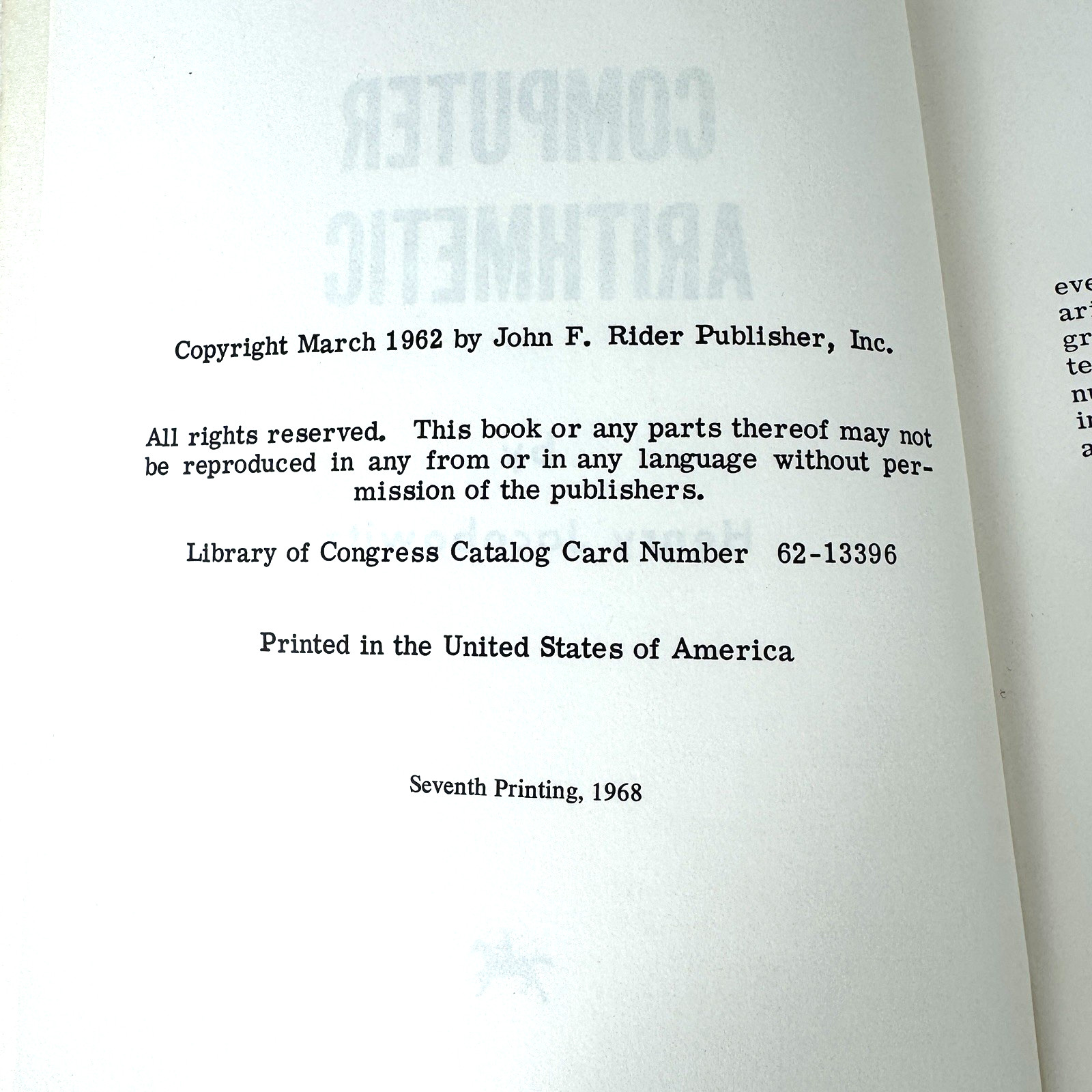 Computer Arithmetic by Henry Jacobowitz 1968 Vintage Computing Paperback