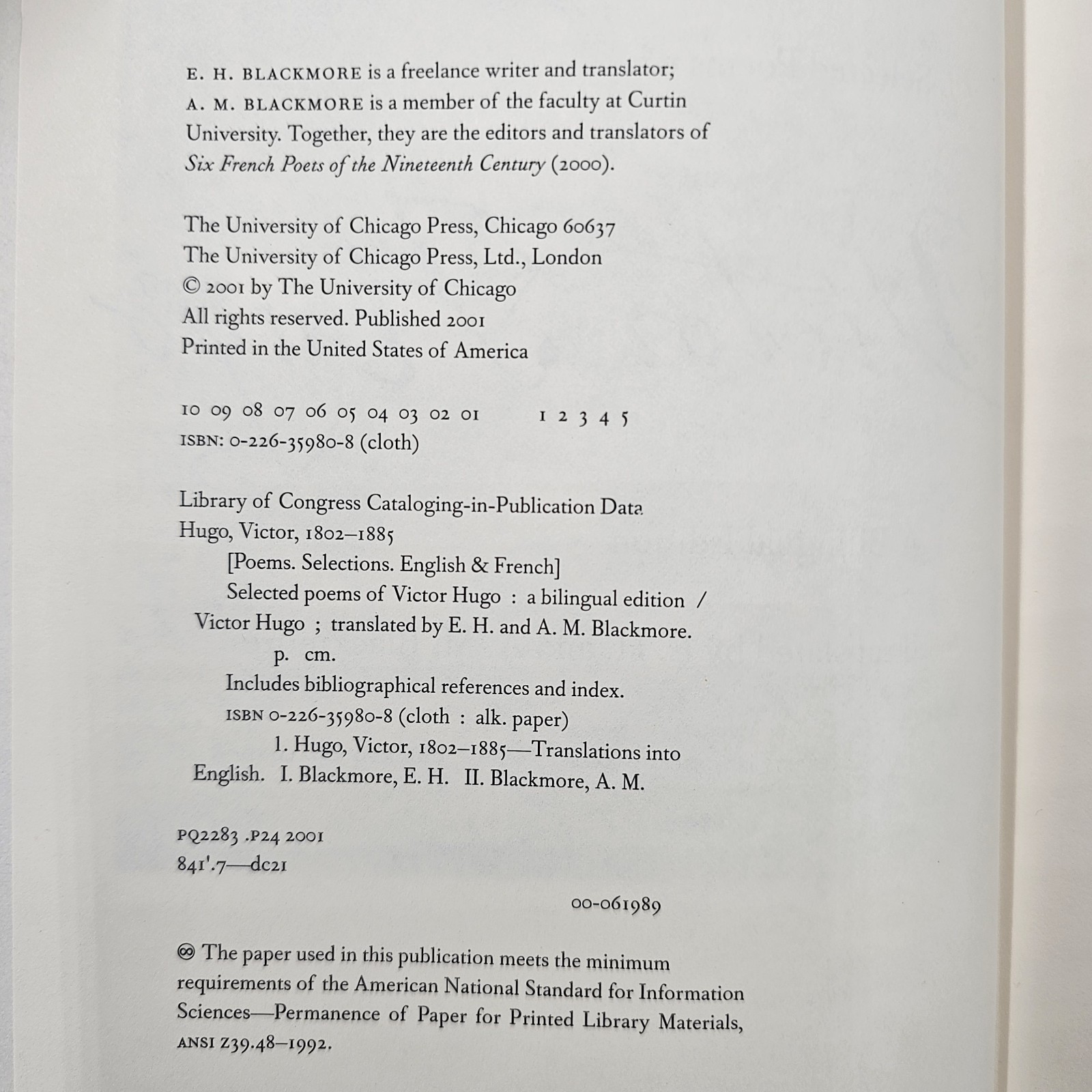Selected Poems of Victor Hugo | 1st/1st | Bilingual Edition French English HC VG