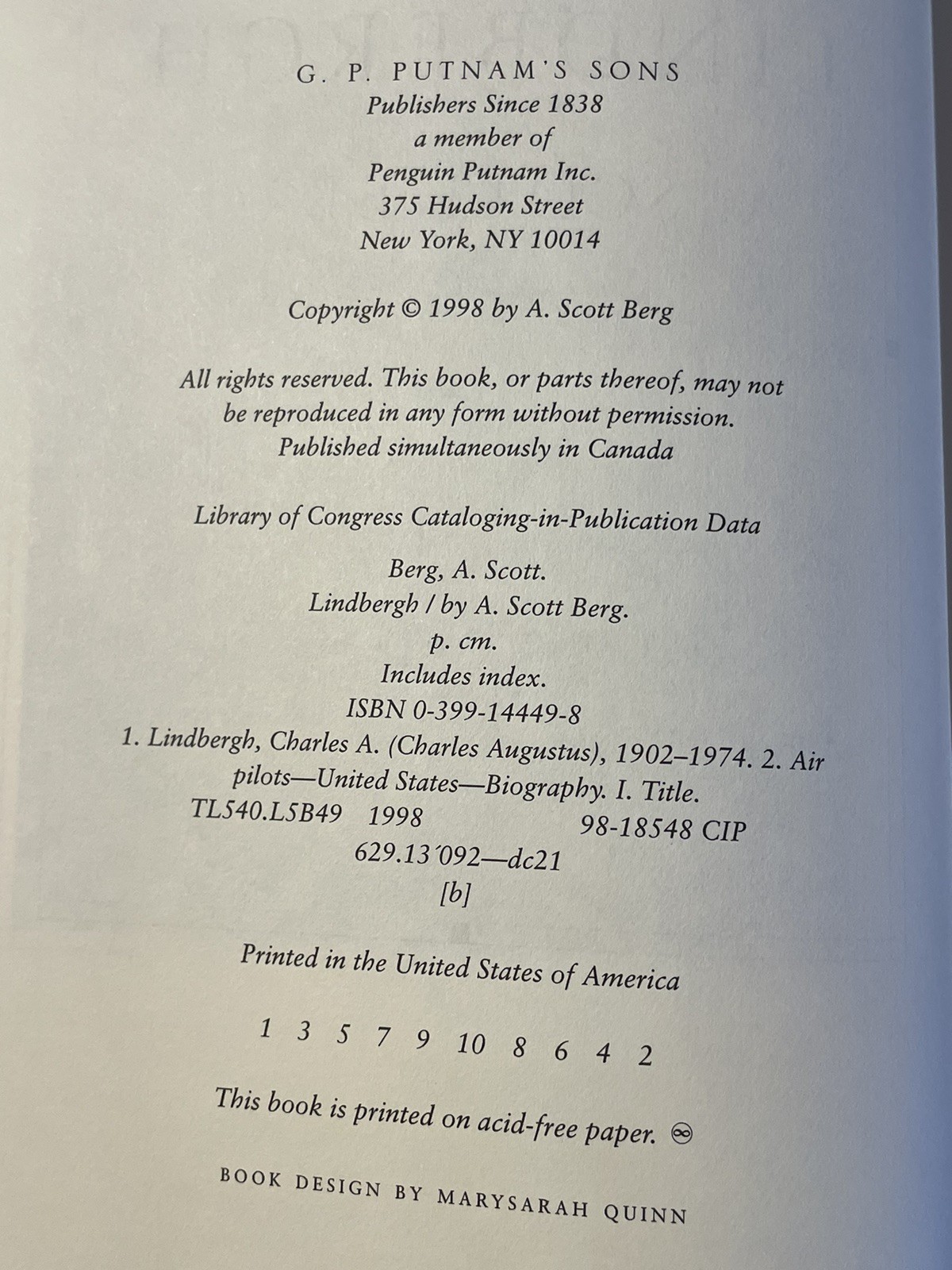 Lindbergh A. Scott Berg 1998 First Edition 1st Printing HardCover DustJacket LNC