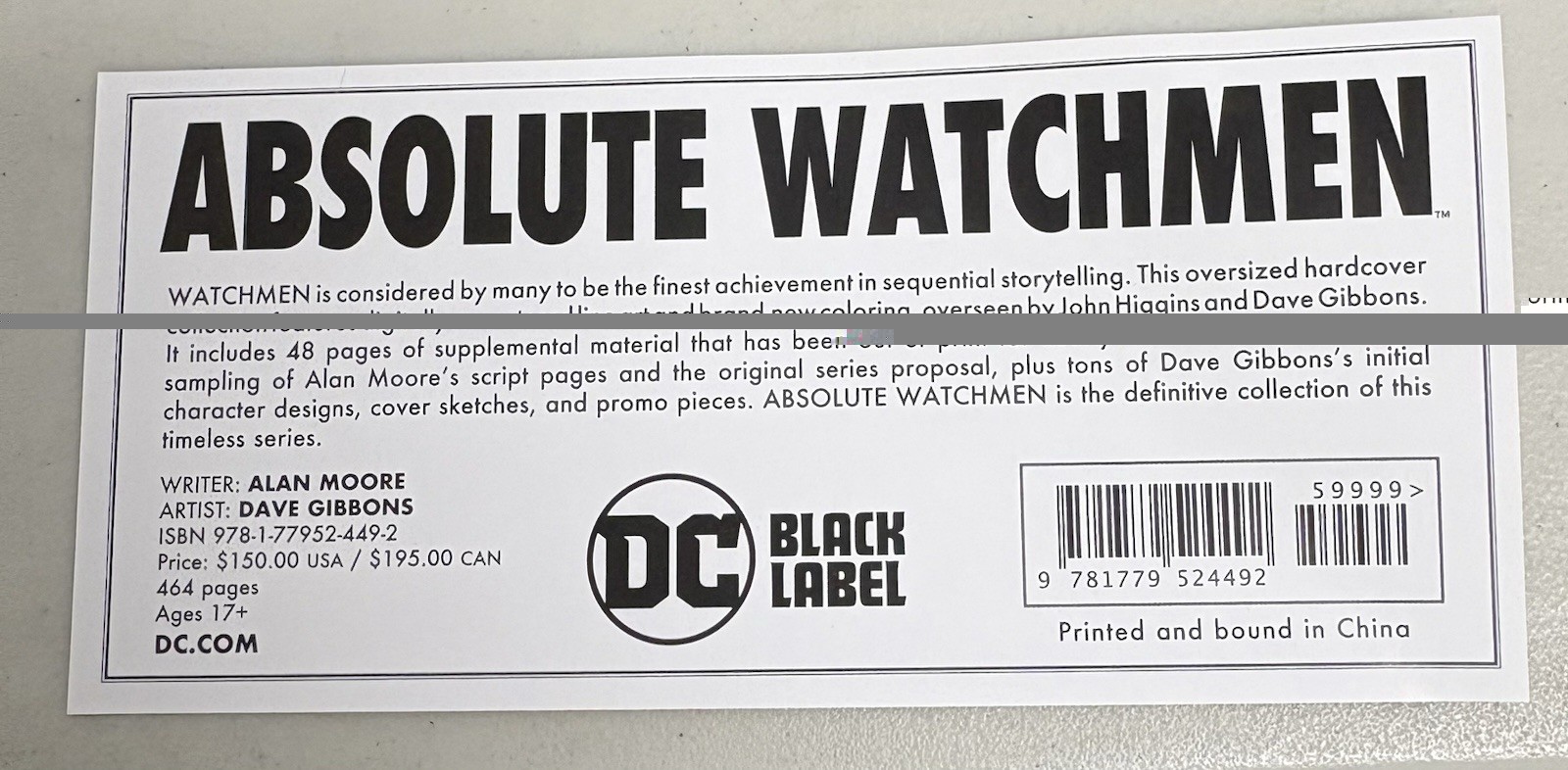 Absolute Watchmen 2023 Edition by Alan Moore Hardcover Book Black Label Like New