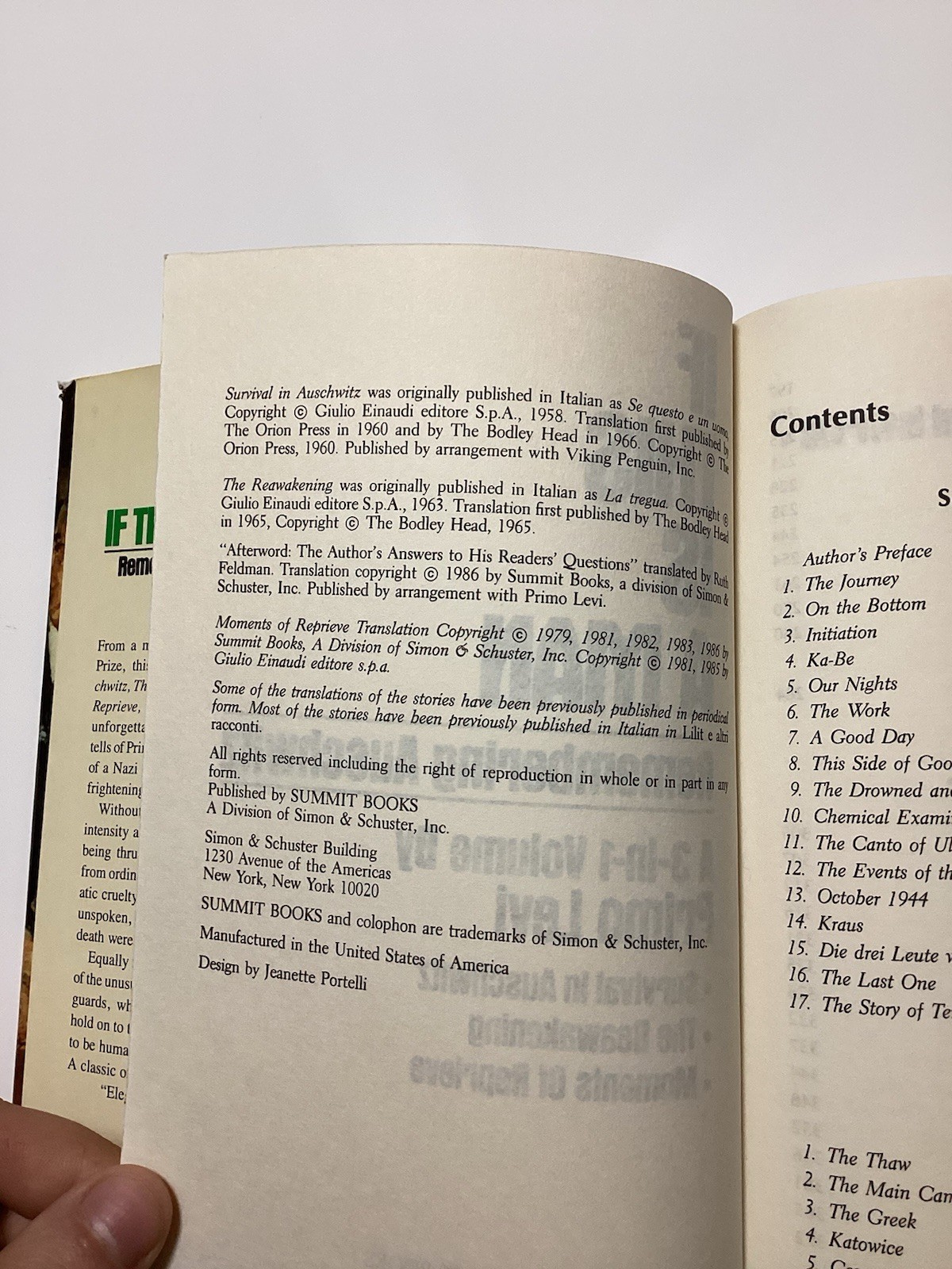 If This Is A Man Remembering Auschwitz A 3-In-1 Volume By Primo Levi 1986