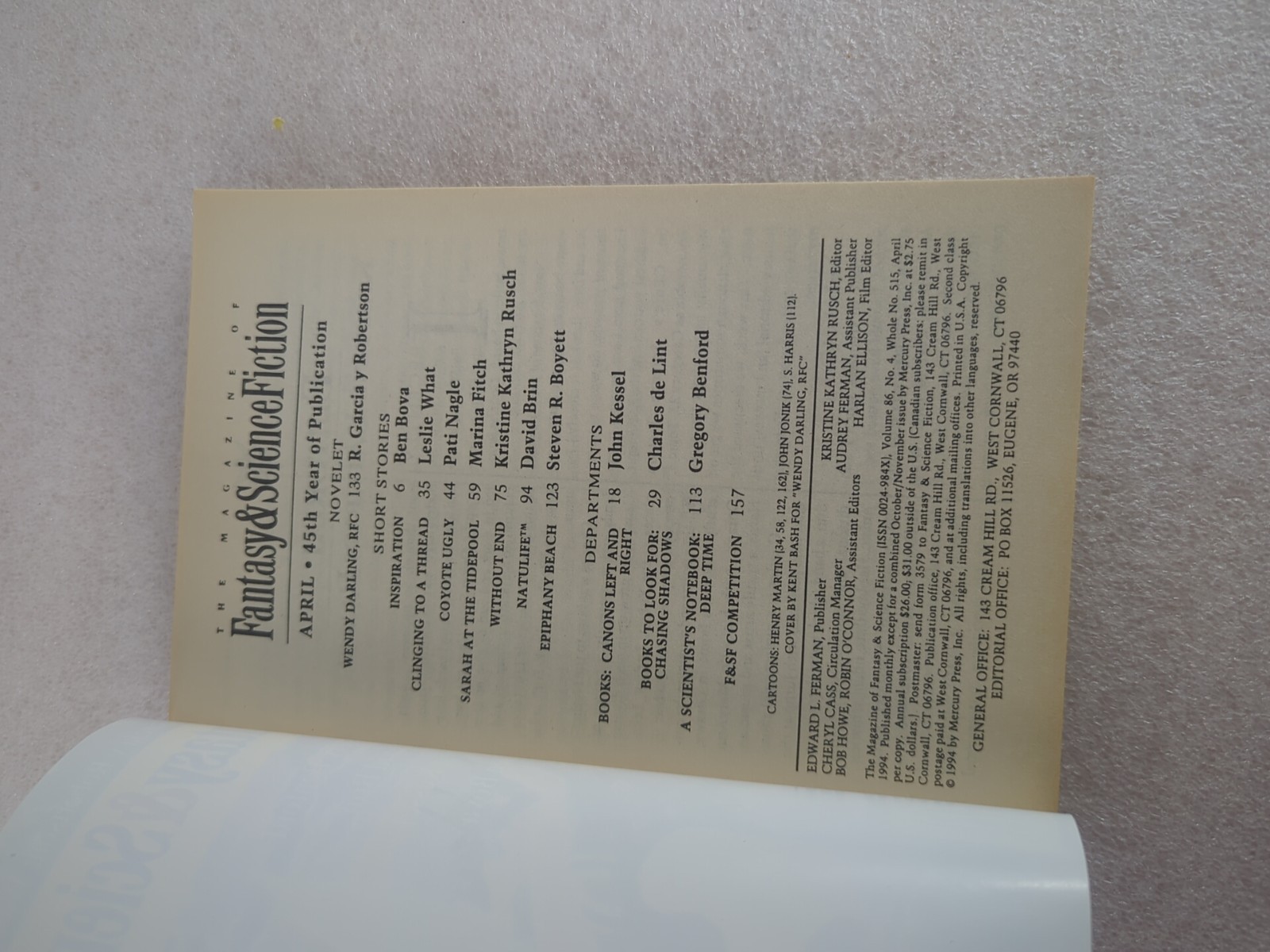 Fantasy & Science Fiction April 1994 Digest Paperback David Brin