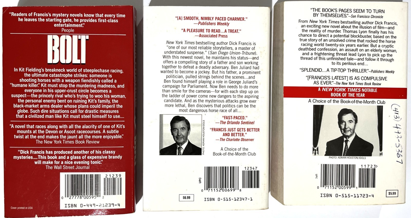 Lot of 3 Dick Francis: Bolt (Kit Fielding) ~ 10 LB Penalty ~ Wild Horses ~ PB