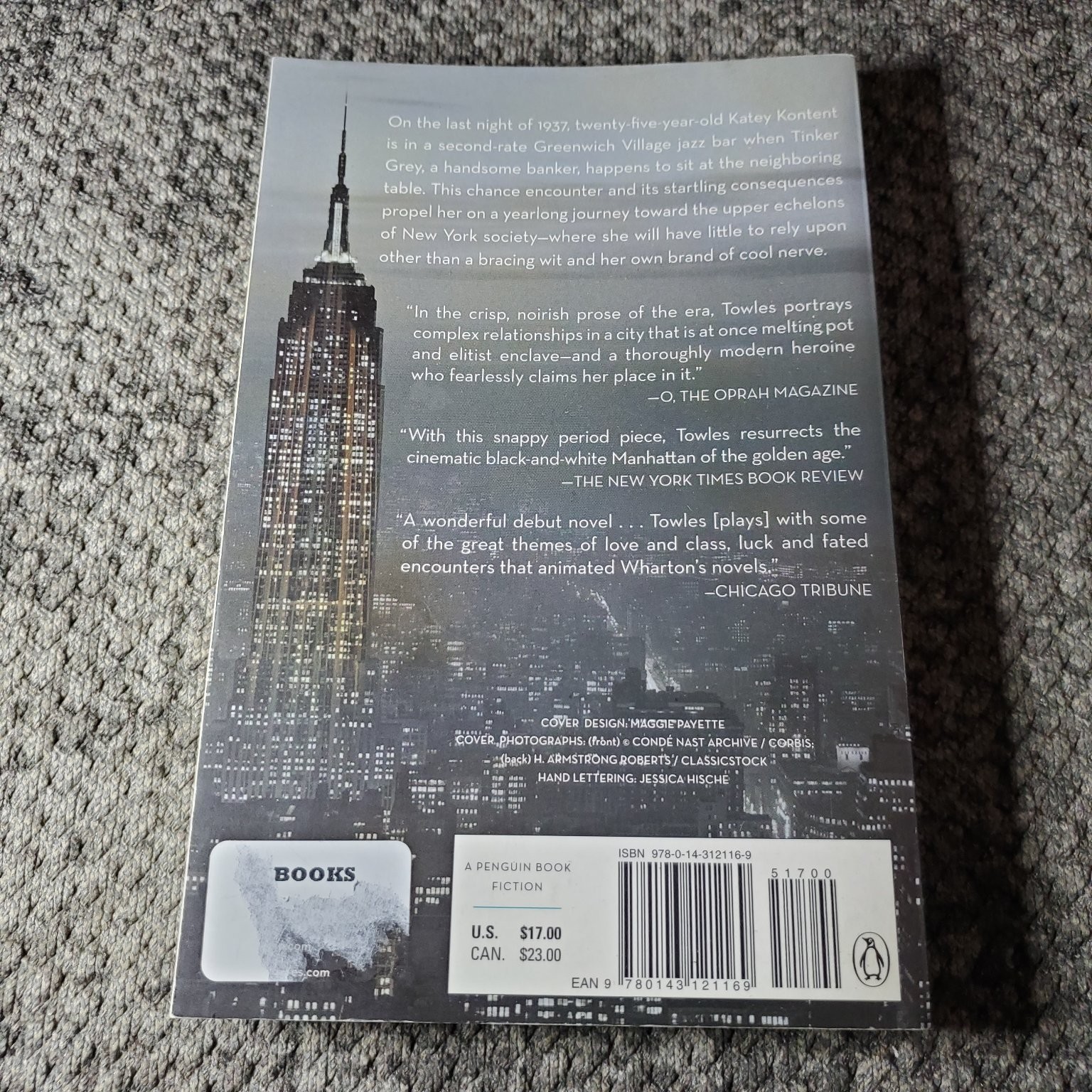 Rules of Civility Amor Towles 2011 Fiction Novel Trade Paperback Book