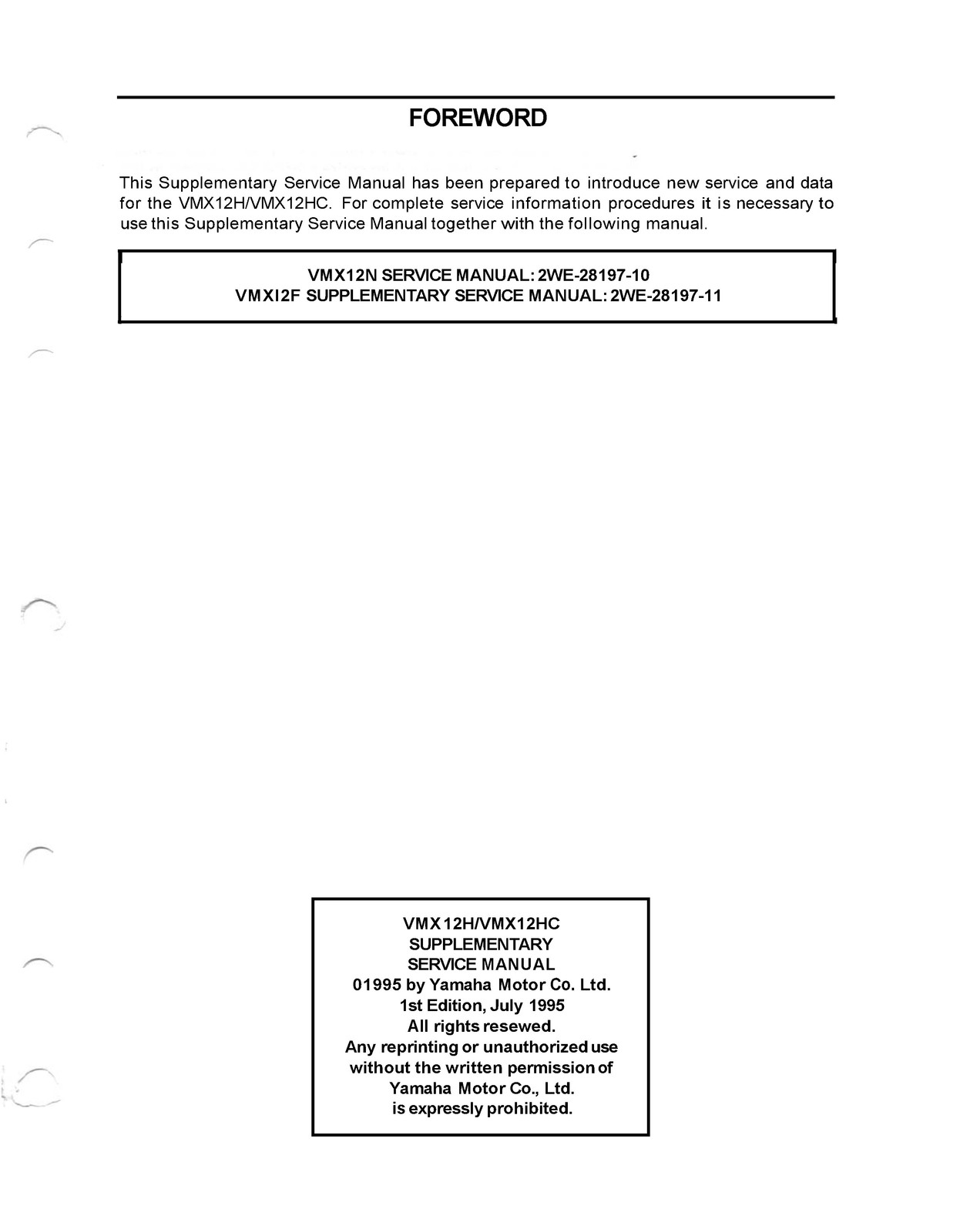 YAMAHA VMAX VMX12 Motorcycle Service Manual – STEEL WIRE BOUND – TOUGH COVERS