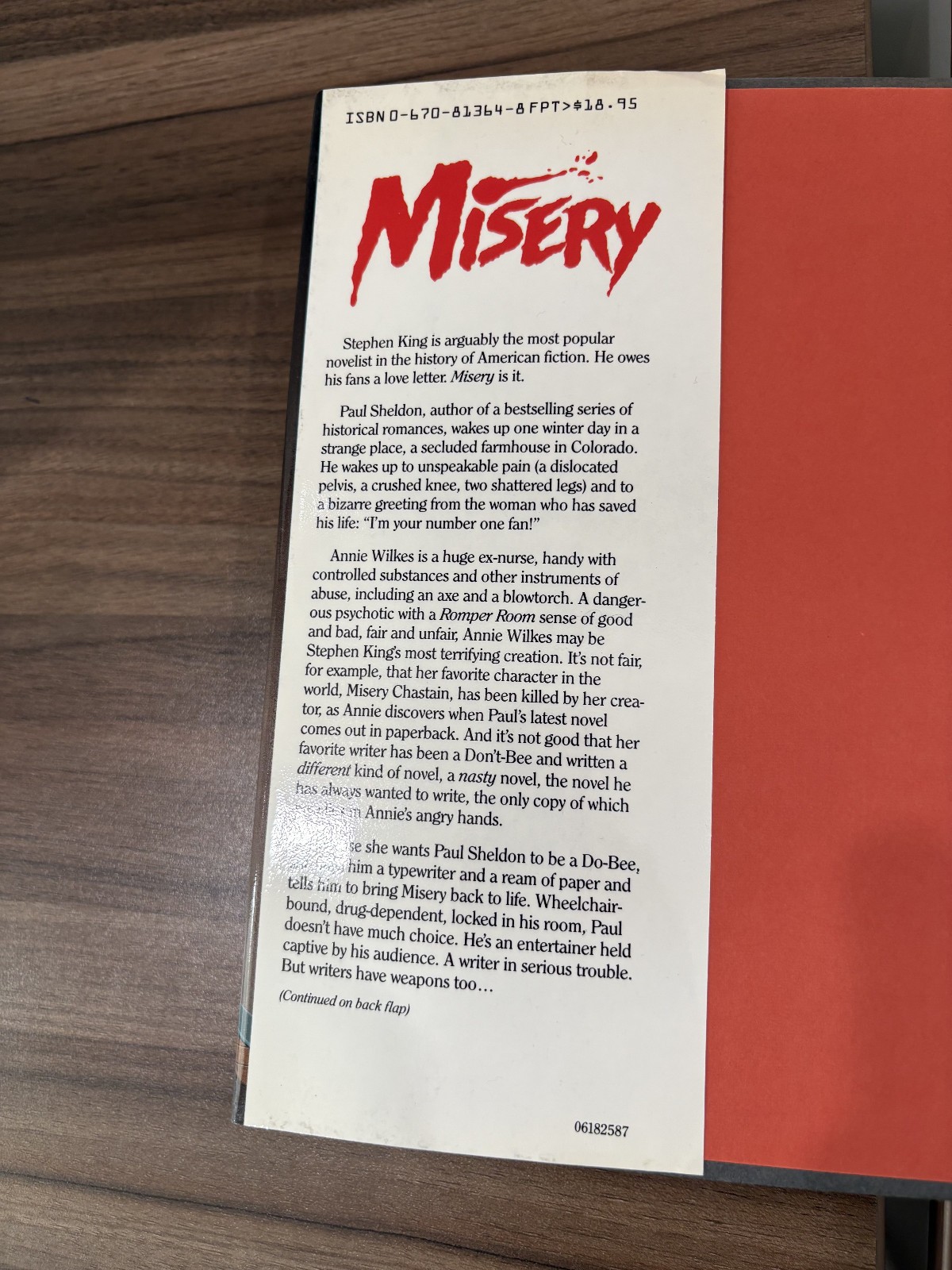 STEPHEN KING MISERY 1987 HCDJ TRUE 1ST EDITION $18.95 ON DJ FLAP NICE CLEAN COPY