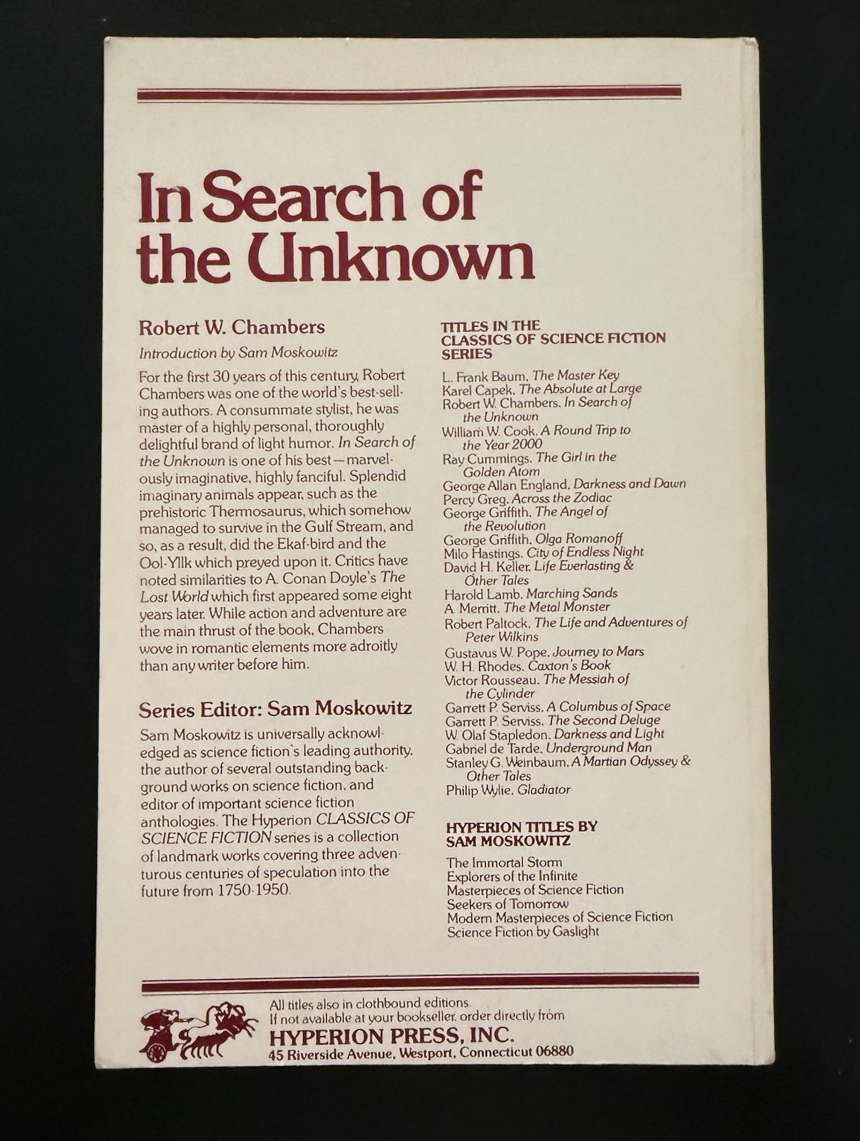 In Search of The Unknown by Robert W. Chambers Hyperion Reprint Ed 1974 VG