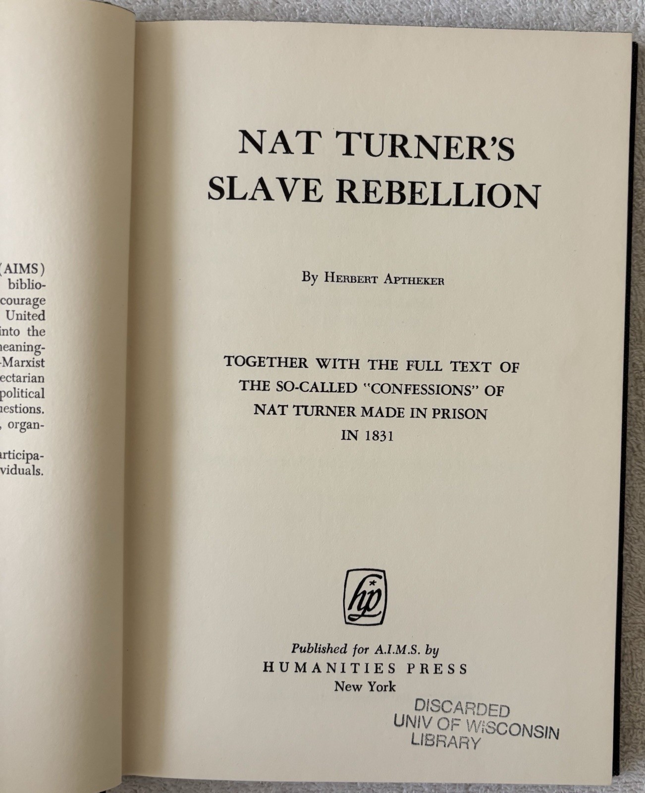 Vintage HC Book: NAT TURNER’S SLAVE REBELLION, Herbert Aptheker, 1966