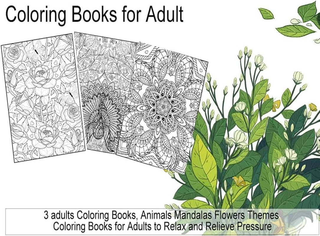 3 Pack Adult Stress Relief Coloring Book,60 Page Mandalas,Animal & Flower Patter