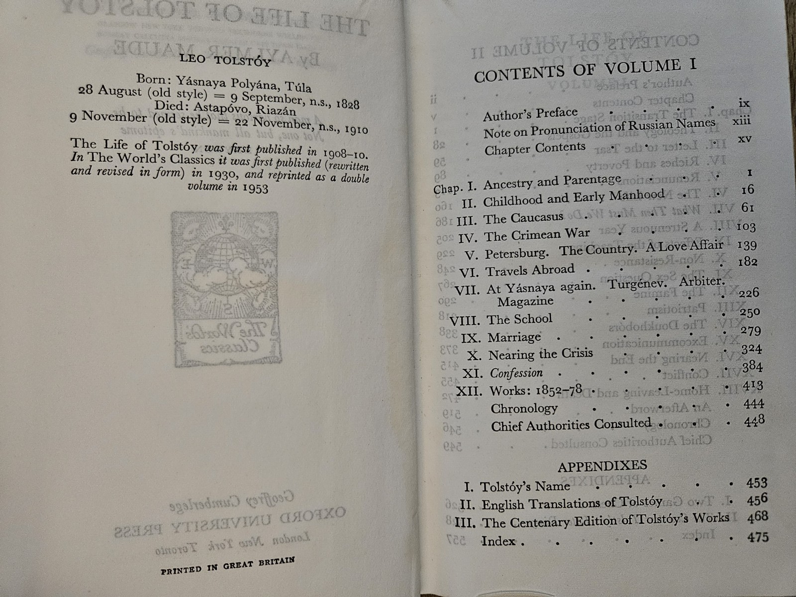 Vintage The Life of Leo Tolstoy Aylmer Maude 383 World’s Classics Oxford HC 1953