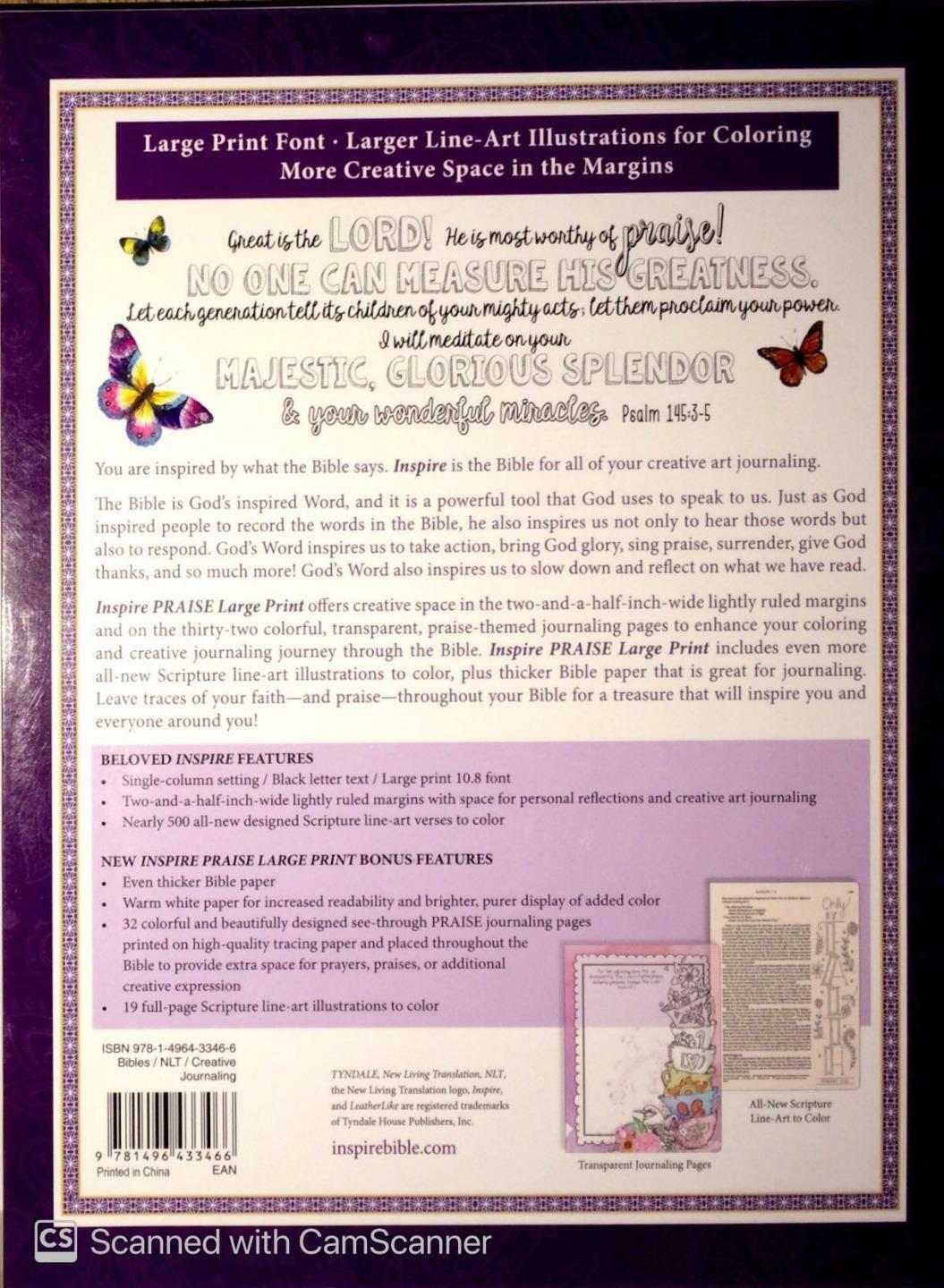 New NLT INSPIRE PRAISE BIBLE Large Print Journaling Coloring Living Translation