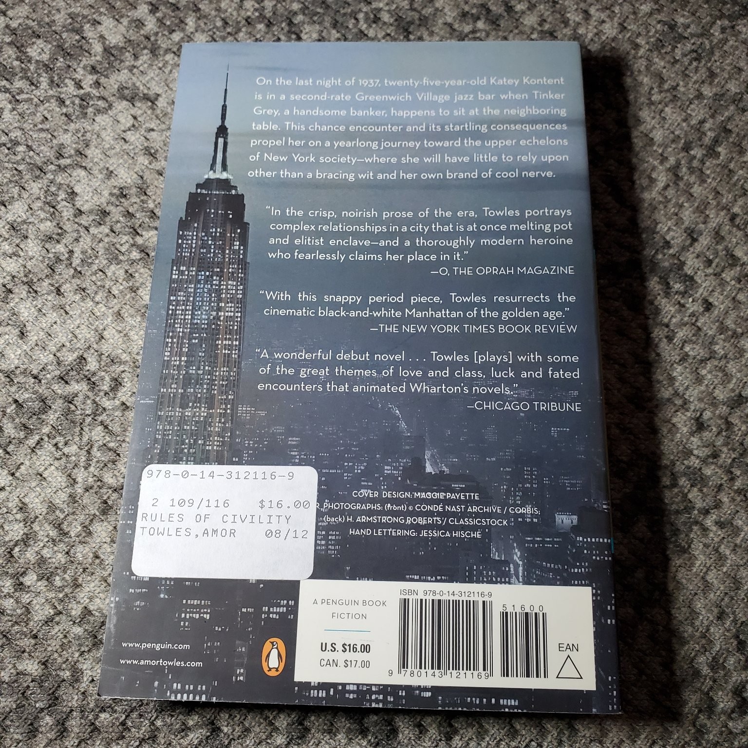 Rules of Civility Amor Towles 2012 Paperback Fiction Penguin Books
