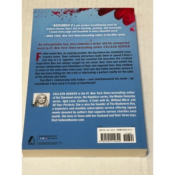 Colleen Hoover November 9 A Novel Romance Book Paperback Fiction Read