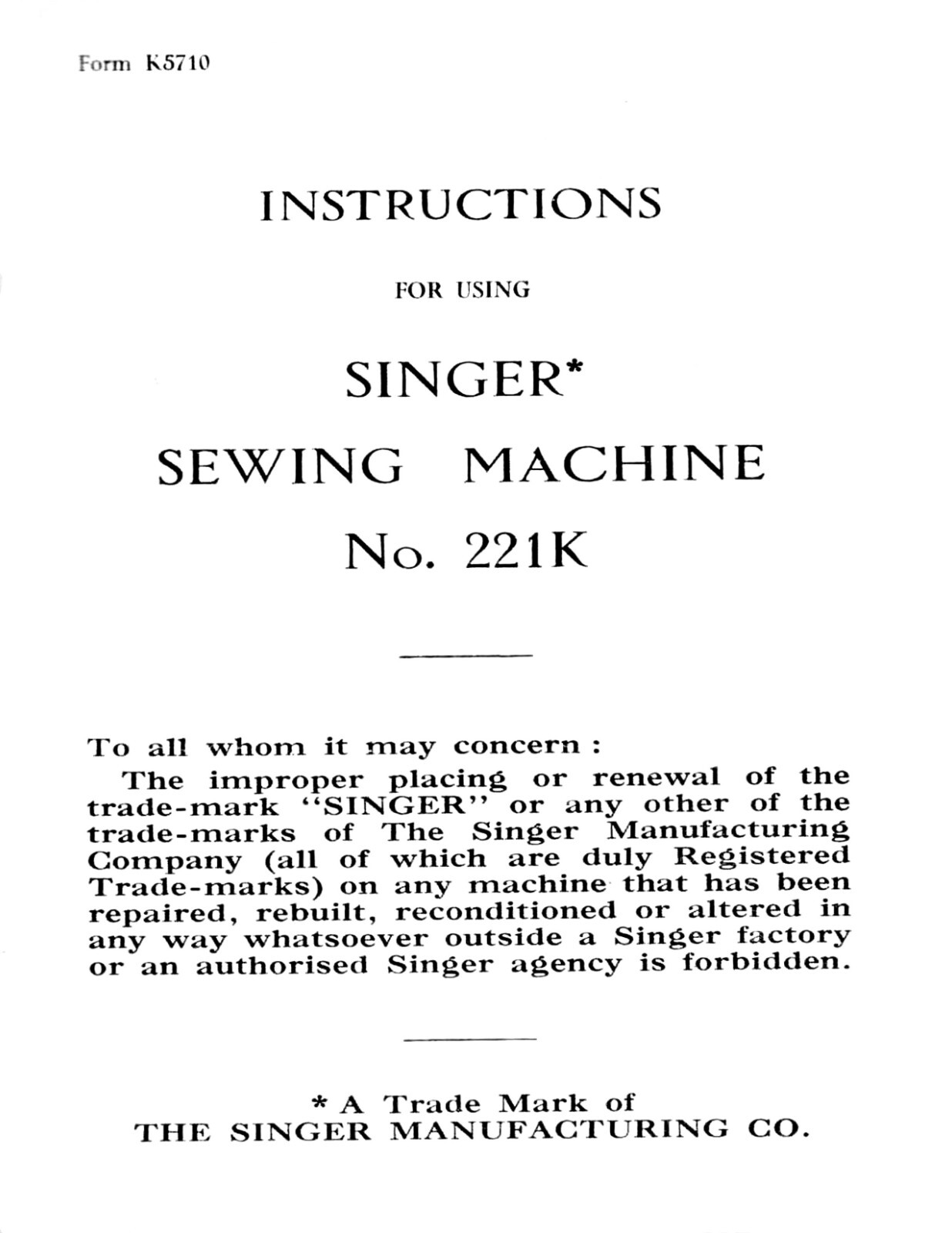 Singer Portable Sewing Machine 221K Instruction Manual „1951“ (55 Page)
