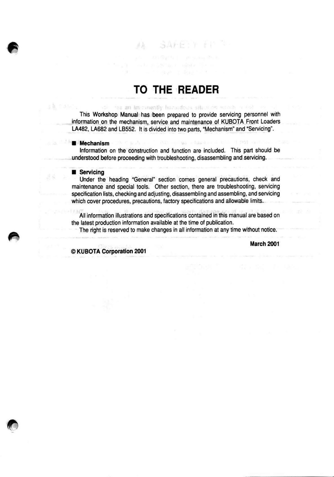 KUBOTA LA482 LA682 LB552 Front Loader Workshop Manual 2001, BINDER – JACKET