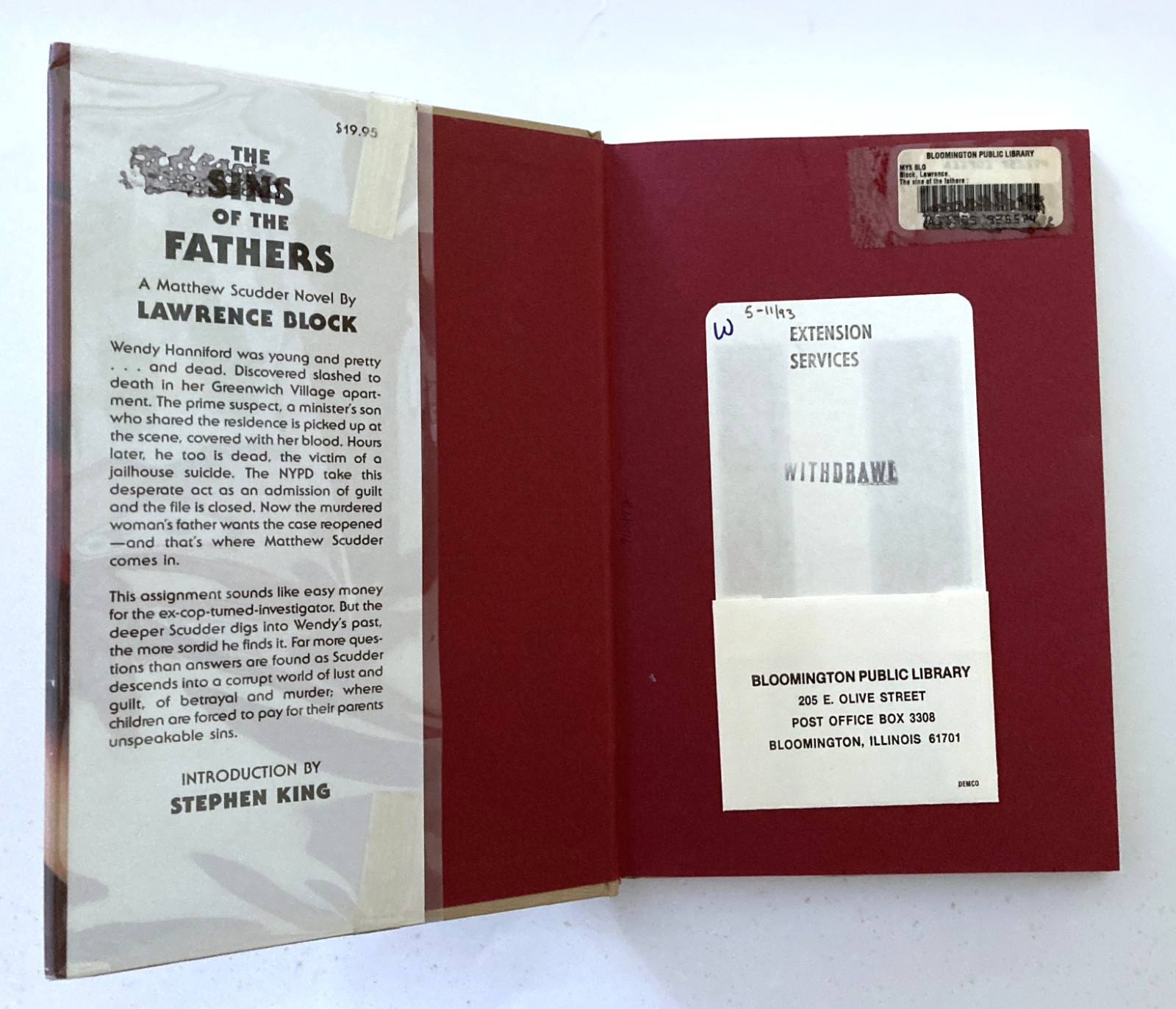 The Sins of the Fathers Lawrence Block Intro by Stephen King 1st HC Ed Ex Lib VG