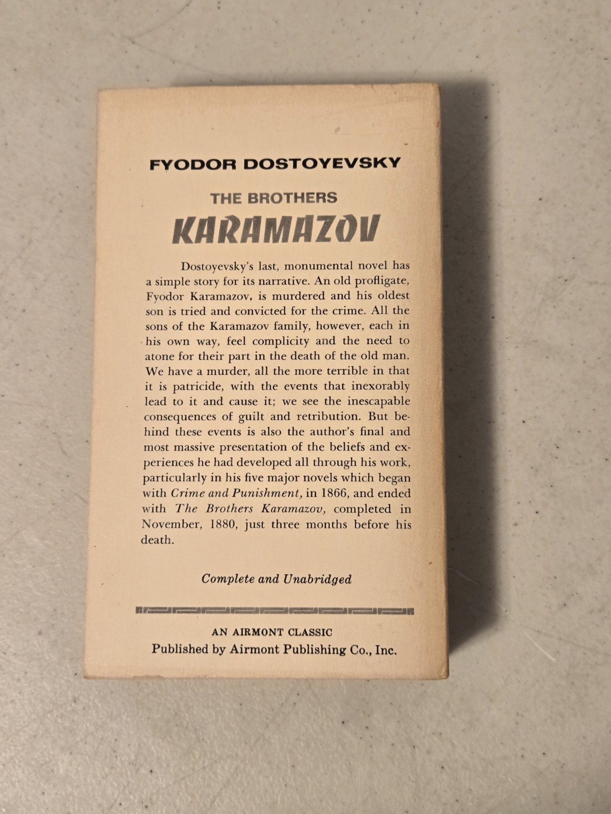 THE BROTHERS KARAMAZOV By Fyodor Dostoevsky (AIRMONT CLASSICS, 1966) Paperback