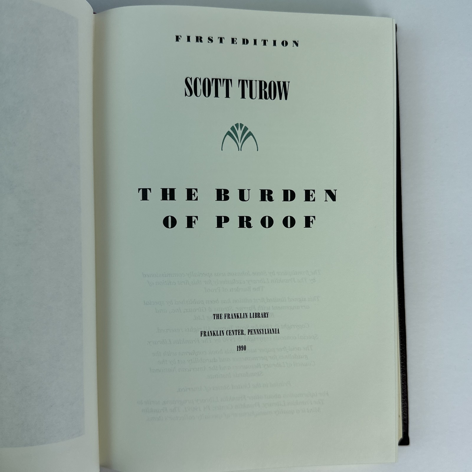 Franklin Library The Burden Of Proof Scott Turow 1990 Signed 1st Edition Leather