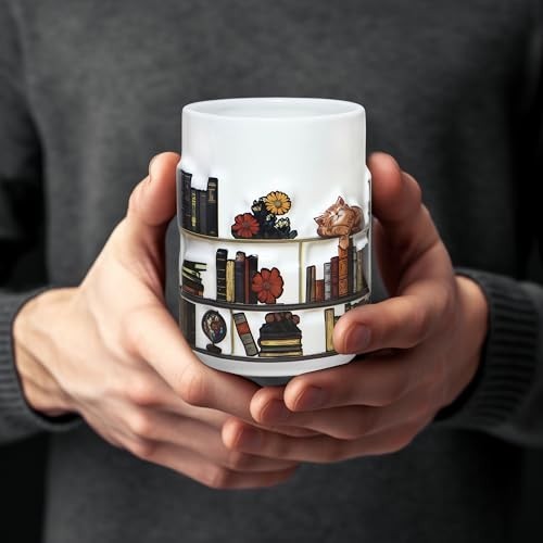 3D Embossed Book Mugs for Readers – 15oz Library Shelf Cup, Cat Lovers Gift