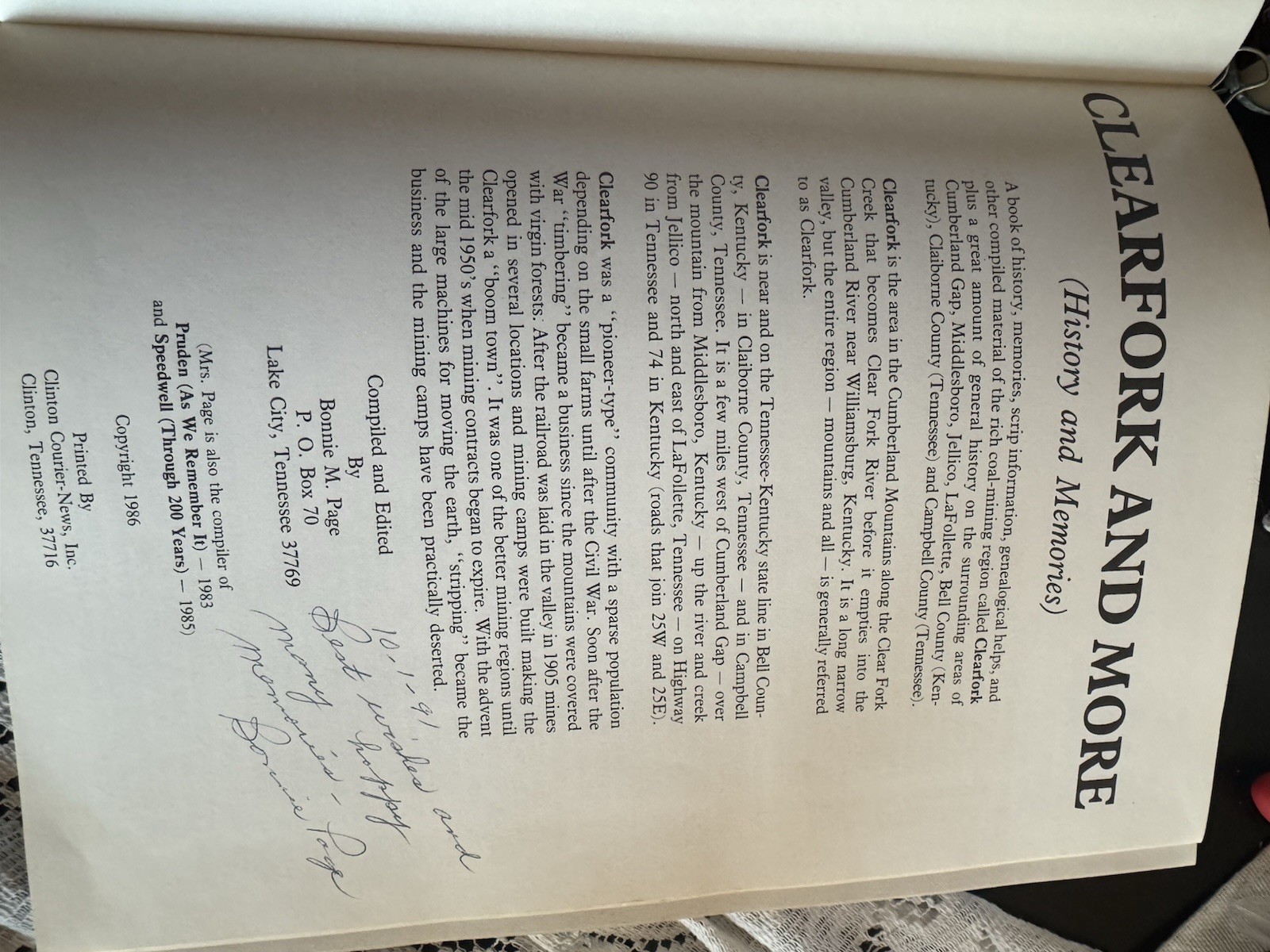 Clearfork & More History & Memories HC Bonnie Page 1986 Tennessee