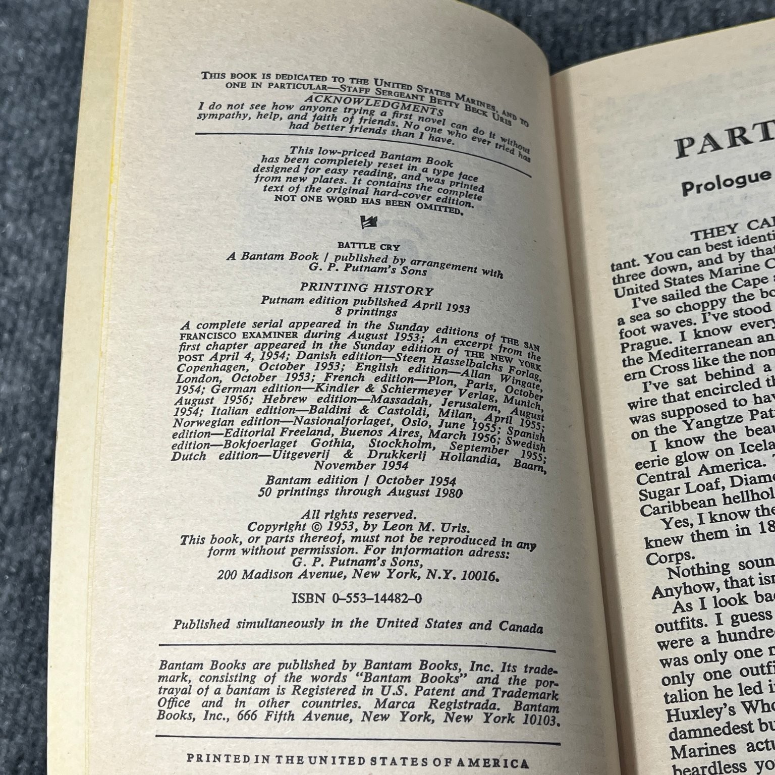 Battle Cry Leon Uris 1954 Bantam Edition War Novel Fiction Bestseller