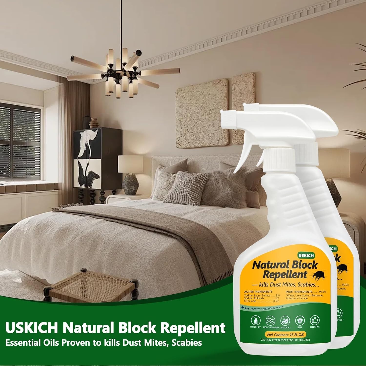Mite Treatment Spray– 16 Oz – Kills Dust, Scabies, Spider, Carpet, Bird, Mouse &